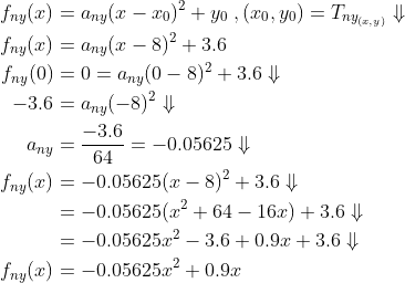 \begin{align*} f_{ny}(x)&=a_{ny}(x-x_0)^2+y_0\;, (x_0,y_0)=T_{ny_{(x,y)}}\Downarrow\\ f_{ny}(x)&=a_{ny}(x-8)^2+3.6\\ f_{ny}(0)&=0=a_{ny}(0-8)^2+3.6\Downarrow\\ -3.6&=a_{ny}(-8)^2\Downarrow\\ a_{ny}&=\frac{-3.6}{64}=-0.05625\Downarrow\\ f_{ny}(x)&=-0.05625(x-8)^2+3.6\Downarrow\\ &=-0.05625(x^2+64-16x)+3.6\Downarrow\\ &=-0.05625x^2-3.6+0.9x+3.6\Downarrow\\ f_{ny}(x)&=-0.05625x^2+0.9x \end{align}