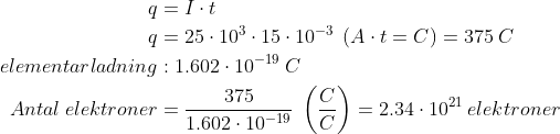 \begin{align*} q &= I\cdot t \\ q &= 25\cdot 10^3\cdot 15\cdot 10^{-3}\;\left ( A\cdot t=C \right )=375\;C \\ elementarladning&:1.602\cdot 10^{-19}\;C \\ Antal\;elektroner &= \frac{375}{1.602\cdot 10^{-19}}\;\left ( \frac{C}{C} \right ) =2.34\cdot 10^{21}\:elektroner \end{align*}