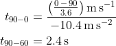 \begin{align*} t_{90-0} &= \frac{\bigl(\frac{0\,-\,90}{3.6}\bigr)\,\textup{m\,s}^{-1}}{-10.4\,\textup{m\,s}^{-2}} \\ t_{90-60} &= 2.4\,\textup{s} \end{align*}