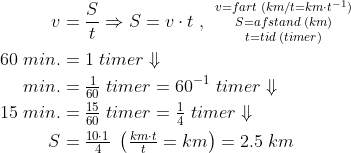 \begin{align*} v &= \frac{S}{t}\Rightarrow S = v\cdot t\;,\; \begin{smallmatrix} v=fart\;(km/t=km\cdot t^{-1})\\ S=afstand\;(km)\\ t=tid\;(timer) \end{smallmatrix} \\ 60\;min. &= 1\;timer\Downarrow \\ min. &= \tfrac{1}{60}\;timer= 60^{-1}\;timer\Downarrow \\ 15\; min. &= \tfrac{15}{60}\;timer= \tfrac{1}{4}\;timer\Downarrow \\ S &=\tfrac{10\cdot 1}{4}\;\left ( \tfrac{km\cdot t}{t}=km \right )=2.5\;km \end{align*}