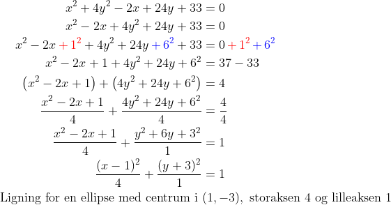 \begin{align*} x^2+4y^2-2x+24y+33 &= 0 \\ x^2-2x+4y^2+24y+33 &= 0 \\ x^2-2x{\color{Red} \,+\,1^2}+4y^2+24y{\color{Blue} \,+\,6^2}+33 &= 0{\color{Red} \,+\,1^2}{\color{Blue} \,+\,6^2} \\ x^2-2x+1+4y^2+24y+6^2 &= 37-33 \\ \left (x^2-2x+1 \right )+\left (4y^2+24y+6^2 \right ) &= 4 \\ \frac{x^2-2x+1}{4}+\frac{4y^2+24y+6^2}{4} &= \frac{4}{4} \\ \frac{x^2-2x+1}{4}+\frac{y^2+6y+3^2}{1} &= 1 \\ \frac{(x-1)^2}{4}+\frac{(y+3)^2}{1} &= 1 \\ \text{ Ligning for en ellipse med centrum i }&(1,-3), \text{ storaksen }4 \text{ og lilleaksen 1} \\ \end{align*}