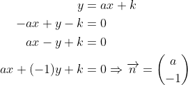 \begin{align*} y &= ax+k \\ -ax+y-k &= 0 \\ ax-y+k &= 0 \\ ax+(-1)y+k &= 0\Rightarrow \overrightarrow{n}=\binom{a}{-1} \\ \end{align*}