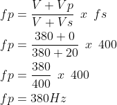 \begin{align*} &fp=\frac{V + Vp}{V+ Vs}\hspace{0,2cm}x\hspace{0,2cm} fs\\ &fp=\frac{380+ 0}{380+ 20}\hspace{0,2cm}x\hspace{0,2cm} 400\\ &fp=\frac{380}{400}\hspace{0,2cm}x\hspace{0,2cm} 400\\ &fp=380Hz \end{align*} Vs = 20m/s menjauh (bertanda +)  Fs = 400 Hz  Vp = 0 (diam)  V = 380 m/s  Maka fp adalah