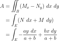 \begin{align*}A&=\iint_B(M_x-N_y)~dx~dy\\ &=\int_E(N~dx+M~dy)\\ &=\int_E{-\frac{ay~dx}{a+b}}+{\frac{bx~dy}{a+b}}\end{align*}