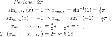 \begin{align*}Periode:2\pi \\ \sin_{maks.}(x) = 1&\Rightarrow x_{maks.}=\sin^{-1}(1)=\tfrac{1}{2}\pi \\ \sin_{min.}(x) = -1&\Rightarrow x_{min.}=\sin^{-1}(-1)= \tfrac{3}{2}\pi\Downarrow \\ x_{min.}- x_{maks.} &= \tfrac{3}{2}\pi-\tfrac{1}{2}\pi=\pi\Downarrow \\ 2\cdot \left ( x_{min.}- x_{maks.} \right ) &=2\pi\approx6.28 \end{align*}