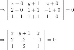 \begin{aligned} & \Rightarrow\left|\begin{array}{ccc} x-0 & y+1 & z+0 \\ 2-0 & 1+1 & -1+0 \\ 1-1 & 1+1 & 1-0 \end{array}\right|=0 \\\\ & \Rightarrow\left|\begin{array}{ccc} x & y+1 & z \\ 2 & 2 & -1 \\ 1 & 2 & 1 \end{array}\right|=0 \end{aligned}