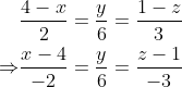 \begin{aligned} & \frac{4-x}{2}=\frac{y}{6}=\frac{1-z}{3} \\ \Rightarrow & \frac{x-4}{-2}=\frac{y}{6}=\frac{z-1}{-3} \end{aligned}