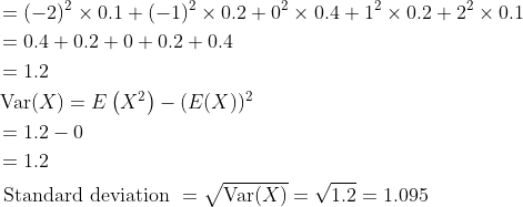 \begin{aligned} &=(-2)^{2} \times 0.1+(-1)^{2} \times 0.2+0^{2} \times 0.4+1^{2} \times 0.2+2^{2} \times 0.1 \\ &=0.4+0.2+0+0.2+0.4 \\ &=1.2 \\ &\operatorname{Var}(X)=E\left(X^{2}\right)-(E(X))^{2} \\ &=1.2-0 \\ &=1.2 \\ &\text { Standard deviation }=\sqrt{\operatorname{Var}(X)}=\sqrt{1.2}=1.095 \end{aligned}