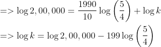 \begin{aligned} &=>\log 2,00,000=\frac{1990}{10} \log \left(\frac{5}{4}\right)+\log k \\ &=>\log k=\log 2,00,000-199 \log \left(\frac{5}{4}\right) \end{aligned}