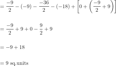 \begin{aligned} &=\frac{-9}{2}-(-9)-\frac{-36}{2}-(-18)+\left[0+\left(\frac{-9}{2}+9\right)\right] \\\\ &=\frac{-9}{2}+9+0-\frac{9}{2}+9 \\\\ &=-9+18 \\\\ &=9 \text { sq.units } \end{aligned}