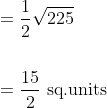 \begin{aligned} &=\frac{1}{2} \sqrt{225} \\\\ &=\frac{15}{2} \text { sq.units } \end{aligned}