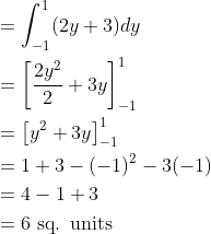 \begin{aligned} &=\int_{-1}^{1}(2y+3)dy\\ &=\left [ \frac{2y^{2}}{2}+3y \right ]_{-1}^{1}\\ &=\left [ y^{2}+3y \right ]_{-1}^{1}\\ &=1+3-(-1)^{2}-3(-1)\\ &=4-1+3\\ &=6 \text { sq. units } \end{aligned}