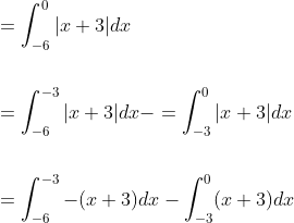 \begin{aligned} &=\int_{-6}^{0}|x+3| d x \\\\ &=\int_{-6}^{-3}|x+3| d x-=\int_{-3}^{0}|x+3| d x \\\\ &=\int_{-6}^{-3}-(x+3) d x-\int_{-3}^{0}(x+3) d x \end{aligned}