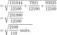 \begin{aligned} &=\sqrt{\frac{131044}{12100}+\frac{7921}{12100}+\frac{93025}{12100}} \\ &=\sqrt{\frac{231990}{12100}} \\ &=\sqrt{\frac{2109}{110} \text { units. }} \end{aligned}