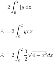 \begin{aligned} &=2 \int_{0}^{2}|y| \mathrm{dx} \\\\ &A=2 \int_{0}^{2} y \mathrm{dx} \\\\ &A=2 \int_{0}^{2} \frac{3}{2} \sqrt{4-x^{2}} d x \end{aligned}