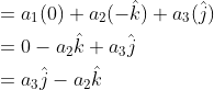 \begin{aligned} &=a_{1}(0)+a_{2}(-\hat{k})+a_{3}(\hat{j}) \\ &=0-a_{2} \hat{k}+a_{3} \hat{j} \\ &=a_{3} \hat{j}-a_{2} \hat{k} \end{aligned}