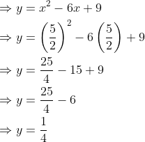 \begin{aligned} &\Rightarrow y=x^{2}-6 x+9 \\ &\Rightarrow y=\left(\frac{5}{2}\right)^{2}-6\left(\frac{5}{2}\right)+9 \\ &\Rightarrow y=\frac{25}{4}-15+9 \\ &\Rightarrow y=\frac{25}{4}-6 \\ &\Rightarrow y=\frac{1}{4} \end{aligned}