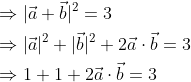 \begin{aligned} &\Rightarrow|\vec{a}+\vec{b}|^{2}=3 \\ &\Rightarrow|\vec{a}|^{2}+|\vec{b}|^{2}+2 \vec{a} \cdot \vec{b}=3 \\ &\Rightarrow 1+1+2 \vec{a} \cdot \vec{b}=3 \end{aligned}