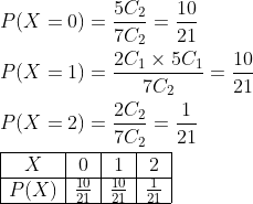 \begin{aligned} &\begin{aligned} &P(X=0)=\frac{5 C_{2}}{7 C_{2}}=\frac{10}{21} \\ &P(X=1)=\frac{2 C_{1} \times 5 C_{1}}{7 C_{2}}=\frac{10}{21} \\ &P(X=2)=\frac{2 C_{2}}{7 C_{2}}=\frac{1}{21} \end{aligned}\\ &\begin{array}{|c|c|c|c|} \hline X & 0 & 1 & 2 \\ \hline P(X) & \frac{10}{21} & \frac{10}{21} & \frac{1}{21} \\ \hline \end{array} \end{aligned}