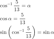 \begin{aligned} &\cos ^{-1} \frac{5}{13}=\alpha \\ &\cos \alpha=\frac{5}{13} \\ &\sin \left(\cos ^{-1} \frac{5}{13}\right)=\sin \alpha \end{aligned}