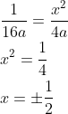 \begin{aligned} &\frac{1}{16 a}=\frac{x^{2}}{4 a} \\ &x^{2}=\frac{1}{4} \\ &x=\pm \frac{1}{2} \end{aligned}