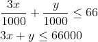 \begin{aligned} &\frac{3 x}{1000}+\frac{y}{1000} \leq 66 \\ &3 x+y \leq 66000 \end{aligned}