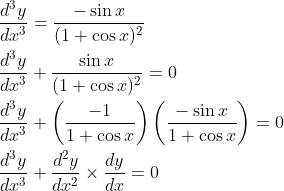 \begin{aligned} &\frac{d^{3} y}{d x^{3}}=\frac{-\sin x}{(1+\cos x)^{2}} \\ &\frac{d^{3} y}{d x^{3}}+\frac{\sin x}{(1+\cos x)^{2}}=0 \\ &\frac{d^{3} y}{d x^{3}}+\left(\frac{-1}{1+\cos x}\right)\left(\frac{-\sin x}{1+\cos x}\right)=0 \\ &\frac{d^{3} y}{d x^{3}}+\frac{d^{2} y}{d x^{2}} \times \frac{d y}{d x}=0 \end{aligned}