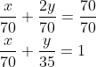 \begin{aligned} &\frac{x}{70}+\frac{2 y}{70}=\frac{70}{70} \\ &\frac{x}{70}+\frac{y}{35}=1 \end{aligned}