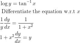 \begin{aligned} &\log y=\tan ^{-1} x\\ &\text { Differentiate the equation w.r.t } x\\ &\frac{1}{y} \frac{d y}{d x}=\frac{1}{1+x^{2}}\\ &1+x^{2} \frac{d y}{d x}=y \end{aligned}