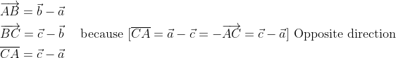 \begin{aligned} &\overrightarrow{A B}=\vec{b}-\vec{a} \\ &\overrightarrow{B C}=\vec{c}-\vec{b} \quad \text { because }[\overline{C A}=\vec{a}-\vec{c}=-\overrightarrow{A C}=\vec{c}-\vec{a}] \text { Opposite direction } \\ &\overline{C A}=\vec{c}-\vec{a} \end{aligned}