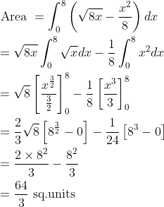 \begin{aligned} &\text { Area }=\int_{0}^{8}\left ( \sqrt{8x}-\frac{x^{2}}{8} \right )dx\\ &=\sqrt{8x}\int_{0}^{8}\sqrt{x}dx-\frac{1}{8}\int_{0}^{8}x^{2}dx\\ &=\sqrt{8}\left [ \frac{x^{\frac{3}{2}}}{\frac{3}{2}} \right ]_{0}^{8}-\frac{1}{8}\left [ \frac{x^{3}}{3} \right ]_{0}^{8}\\ &=\frac{2}{3}\sqrt{8}\left [ 8^{\frac{3}{2}}-0 \right ]-\frac{1}{24}\left [ 8^{3} -0\right ]\\ &=\frac{2\times 8^{2}}{3}-\frac{8^{2}}{3}\\ &=\frac{64}{3} \text { sq.units } \end{aligned}