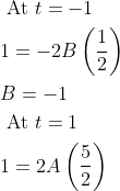 \begin{aligned} &\text { At } t=-1 \\ &1=-2 B\left(\frac{1}{2}\right) \\ &B=-1 \\ &\text { At } t=1 \\ &1=2 A\left(\frac{5}{2}\right) \end{aligned}