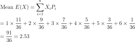 \begin{aligned} &\text { Mean } E(X)=\sum_{i=1}^{n} X_{i} P_{i} \\ &=1 \times \frac{11}{36}+2 \times \frac{9}{36}+3 \times \frac{7}{36}+4 \times \frac{5}{36}+5 \times \frac{3}{36}+6 \times \frac{1}{36} \\ &=\frac{91}{36}=2.53 \\ \end{aligned}