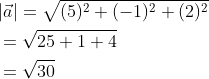 \begin{aligned} &|\vec{a}|=\sqrt{(5)^{2}+(-1)^{2}+(2)^{2}}\\ &=\sqrt{25+1+4}\\ &=\sqrt{30} \end{aligned}