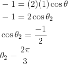 \begin{aligned} &-1=(2)(1) \cos \theta \\ &-1=2 \cos \theta_{2} \\ &\cos \theta_{2}=\frac{-1}{2} \\ &\theta_{2}=\frac{2 \pi}{3} \end{aligned}