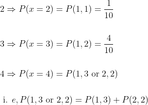 \begin{aligned} &2 \Rightarrow P(x=2)=P(1,1)=\frac{1}{10} \\\\ &3 \Rightarrow P(x=3)=P(1,2)=\frac{4}{10} \\\\ &4 \Rightarrow P(x=4)=P(1,3 \text { or } 2,2) \\\\ &\text { i. } e, P(1,3 \text { or } 2,2)=P(1,3)+P(2,2) \\\\ \end{aligned}