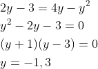 \begin{aligned} &2 y-3=4 y-y^{2} \\ &y^{2}-2 y-3=0 \\ &(y+1)(y-3)=0 \\ &y=-1,3 \end{aligned}