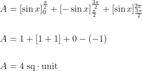 \begin{aligned} &A=[\sin x]_{0}^{\frac{\pi}{2}}+[-\sin x]_{\frac{\pi}{2}}^{\frac{3 \pi}{2}}+[\sin x]_{ \frac{3 \pi}{2}}^{2\pi} \\\\ &A=1+[1+1]+0-(-1) \\\\ &A=4 \; \mathrm{sq} \cdot \mathrm{unit} \end{aligned}