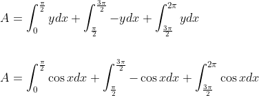 \begin{aligned} &A=\int_{0}^{\frac{\pi}{2}} y d x+\int_{\frac{\pi}{2}}^{\frac{3 \pi}{2}}-y d x+\int_{\frac{3 \pi}{2}}^{2 \pi} y d x \\\\ &A=\int_{0}^{\frac{\pi}{2}} \cos x d x+\int_{\frac{\pi}{2}}^{\frac{3 \pi}{2}}-\cos x d x+\int_{\frac{3 \pi}{2}}^{2 \pi} \cos x d x \end{aligned}