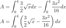 \begin{aligned} &A=\int_{0}^{4} \frac{3}{2} \sqrt{x} d x-\int_{0}^{4} \frac{3 x^{2}}{16} d x \\ &A=\int_{0}^{4}\left(\frac{3}{2} \sqrt{x}-\frac{3 x^{2}}{16}\right) d x \end{aligned}