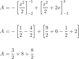 \begin{aligned} &A=-\left[\frac{x^{2}}{2}\right]_{-2}^{-1}+\left[\frac{x^{2}}{2}+2 x\right]_{-1}^{3} \\\\ &A=-\left[\frac{1}{2}-\frac{4}{2}\right]+\left[\frac{9}{2}+6-\frac{1}{2}+2\right] \\\\ &A=\frac{3}{2}+8+\frac{8}{2} \end{aligned}