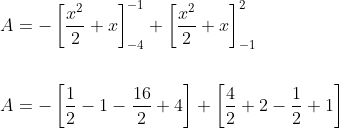 \begin{aligned} &A=-\left[\frac{x^{2}}{2}+x\right]_{-4}^{-1}+\left[\frac{x^{2}}{2}+x\right]_{-1}^{2} \\\\ &A=-\left[\frac{1}{2}-1-\frac{16}{2}+4\right]+\left[\frac{4}{2}+2-\frac{1}{2}+1\right] \end{aligned}