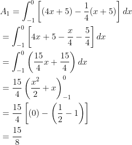 \begin{aligned} &A_{1}=\int_{-1}^{0}\left[(4 x+5)-\frac{1}{4}(x+5)\right] d x \\ &=\int_{-1}^{0}\left[4 x+5-\frac{x}{4}-\frac{5}{4}\right] d x \\ &=\int_{-1}^{0}\left(\frac{15}{4} x+\frac{15}{4}\right) d x \\ &=\frac{15}{4}\left(\frac{x^{2}}{2}+x\right)_{-1}^{0} \\ &=\frac{15}{4}\left[(0)-\left(\frac{1}{2}-1\right)\right] \\ &=\frac{15}{8} \end{aligned}