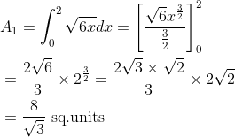 \begin{aligned} &A_{1}=\int_{0}^{2} \sqrt{6 x} d x=\left[\frac{\sqrt{6} x^{\frac{3}{2}}}{\frac{3}{2}}\right]_{0}^{2} \\ &=\frac{2 \sqrt{6}}{3} \times 2^{\frac{3}{2}}=\frac{2 \sqrt{3} \times \sqrt{2}}{3} \times 2 \sqrt{2} \\ &=\frac{8}{\sqrt{3}} \text { sq.units } \end{aligned}