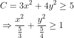 \begin{aligned} &C=3 x^{2}+4 y^{2} \geq 5 \\ &\Rightarrow \frac{x^{2}}{\frac{5}{3}}+\frac{y^{2}}{\frac{5}{4}} \geq 1 \end{aligned}
