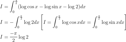 \begin{aligned} &I=\int_{0}^{\frac{\pi}{2}}(\log \cos x-\log \sin x-\log 2) d x \\ &I=-\int_{0}^{\frac{\pi}{2}} \log 2 d x\left[I=\int_{0}^{\frac{\pi}{2}} \log \cos x d x=\int_{0}^{\frac{\pi}{2}} \log \sin x d x\right] \\ &I=\frac{-\pi}{2} \log 2 \end{aligned}
