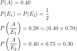 \begin{aligned} &P(A)=0.40\\ &P(E_1)=P(E_2)=\frac{1}{2}\\ &P\left ( \frac{A}{E_1} \right )=0.28=(0.40\times 0.70)\\ &P\left ( \frac{A}{E_2} \right )=0.40\times 0.75=0.30\\ \end{aligned}