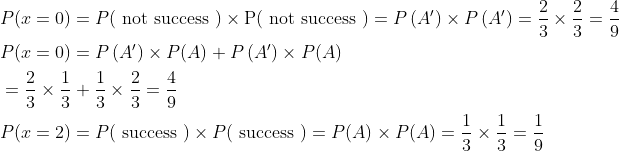 \begin{aligned} &P(x=0)=P(\text { not success }) \times \mathrm{P}(\text { not success })=P\left(A^{\prime}\right) \times P\left(A^{\prime}\right)=\frac{2}{3} \times \frac{2}{3}=\frac{4}{9} \\ &P(x=0)=P\left(A^{\prime}\right) \times P(A)+P\left(A^{\prime}\right) \times P(A) \\ &=\frac{2}{3} \times \frac{1}{3}+\frac{1}{3} \times \frac{2}{3}=\frac{4}{9} \\ &P(x=2)=P(\text { success }) \times P(\text { success })=P(A) \times P(A)=\frac{1}{3} \times \frac{1}{3}=\frac{1}{9} \end{aligned}