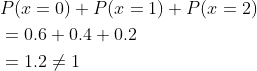\begin{aligned} &P(x=0)+P(x=1)+P(x=2) \\ &=0.6+0.4+0.2 \\ &=1.2 \neq 1 \end{aligned}