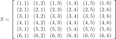 \begin{aligned} &S=\left[\begin{array}{llllll} (1,1) & (1,2) & (1,3) & (1,4) & (1,5) & (1,6) \\ (2,1) & (2,1) & (2,3) & (2,4) & (2,5) & (2,6) \\ (3,1) & (3,2) & (3,3) & (3,4) & (3,5) & (3,6) \\ (4,1) & (4,2) & (4,3) & (4,4) & (4,5) & (4,6) \\ (5,1) & (5,2) & (5,3) & (5,4) & (5,5) & (5,6) \\ (6,1) & (6,2) & (6,3) & (6,4) & (6,5) & (6,6) \end{array}\right]\\ \end{aligned}